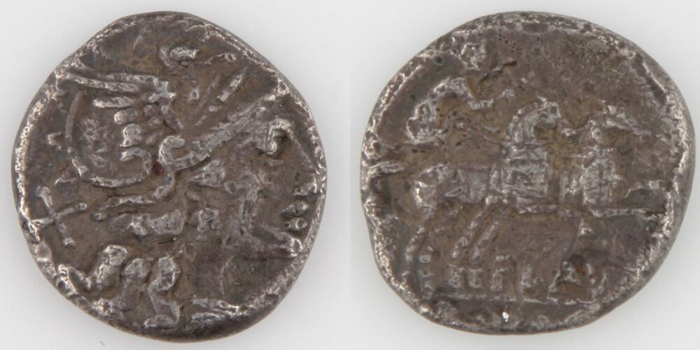 150 BC Roman Republic AR Denarius Decimius Flavus Roma Luna Biga S-86 RRC-207/1