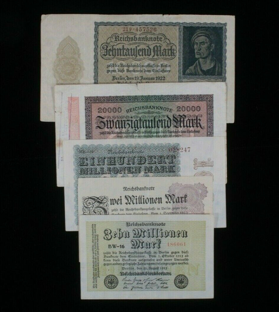 Weimar Republic 5-Notes Currency Set // 1922-1923 Germany Mark High Denomination
