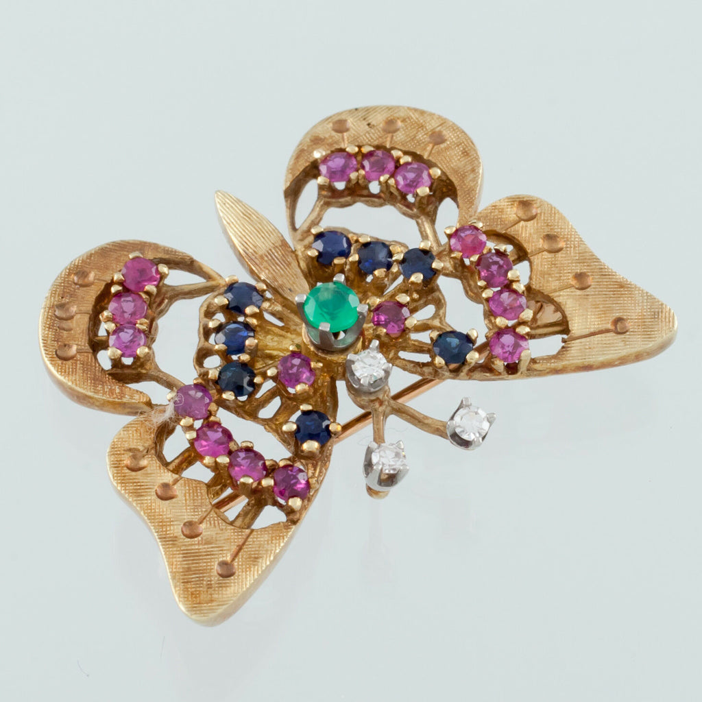 14k Yellow Gold Diamond, Ruby, Emerald, and Sapphire Butterfly Brooch