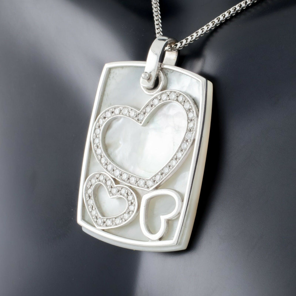 14k White Gold Mother-of-Pearl and Diamond Heart Pendant w/ 17" Chain