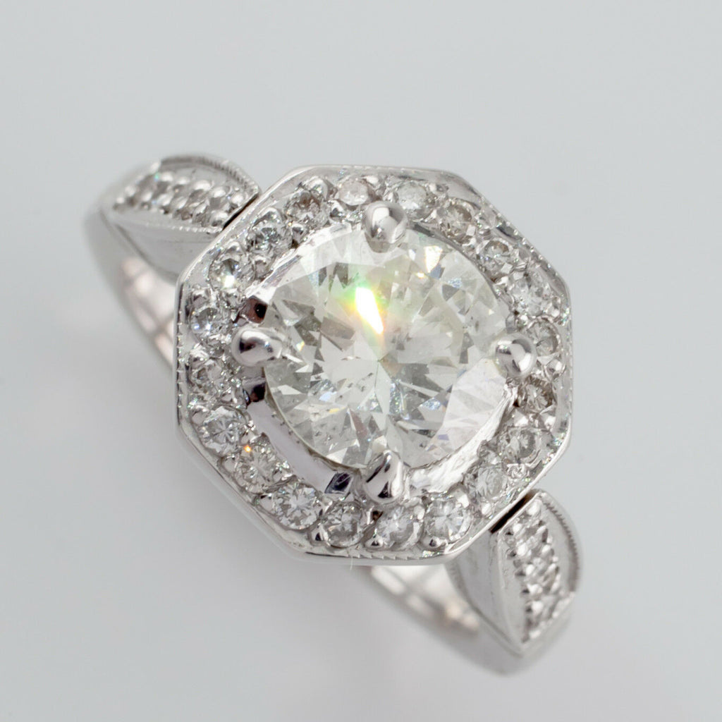 1.91 Carat Round Diamond Halo 18k White Gold Engagement Ring Size 5 GIA Cert