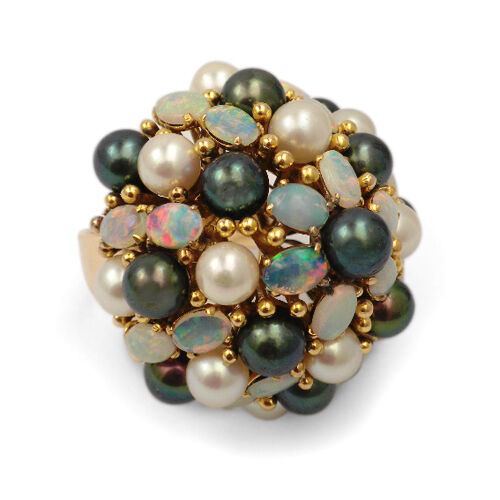 Cultured Freshwater Pearl, Opal Dome 18k Yellow Gold Cocktail Ring Size 8.5