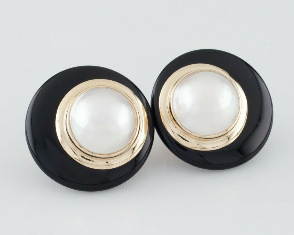 14k Yellow Gold Semi-Round Pearl and Onyx Drop Earrings w/ Omega Backs