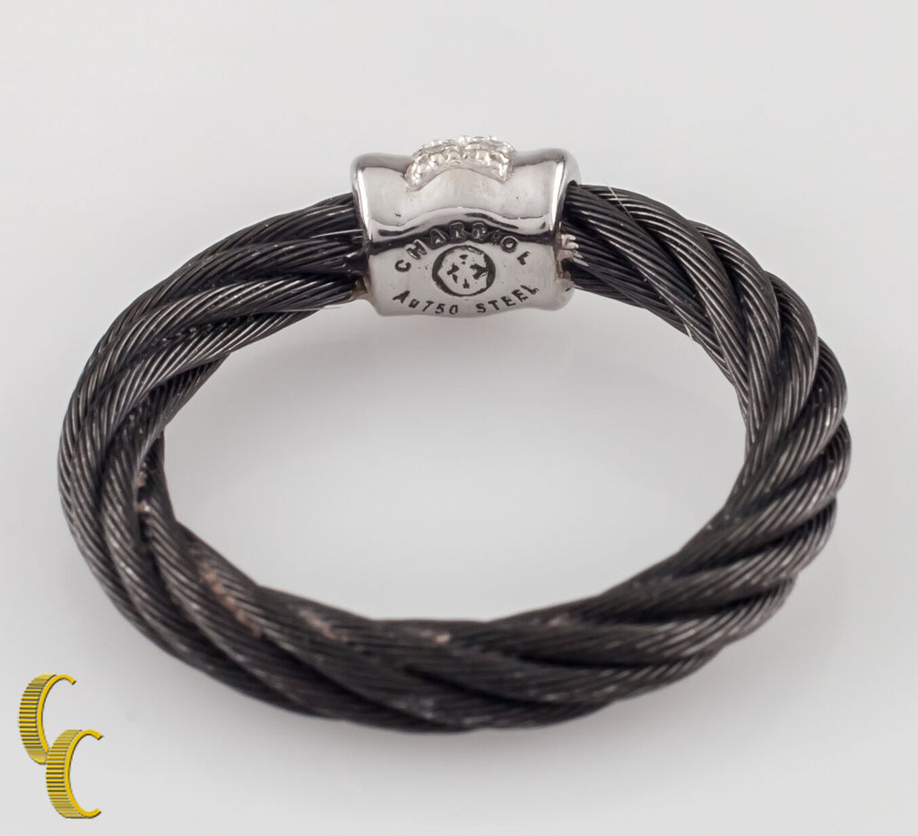 Charriol 18K White Gold / Diamond Black Cable Ring Celtic Noir Collection 6.25