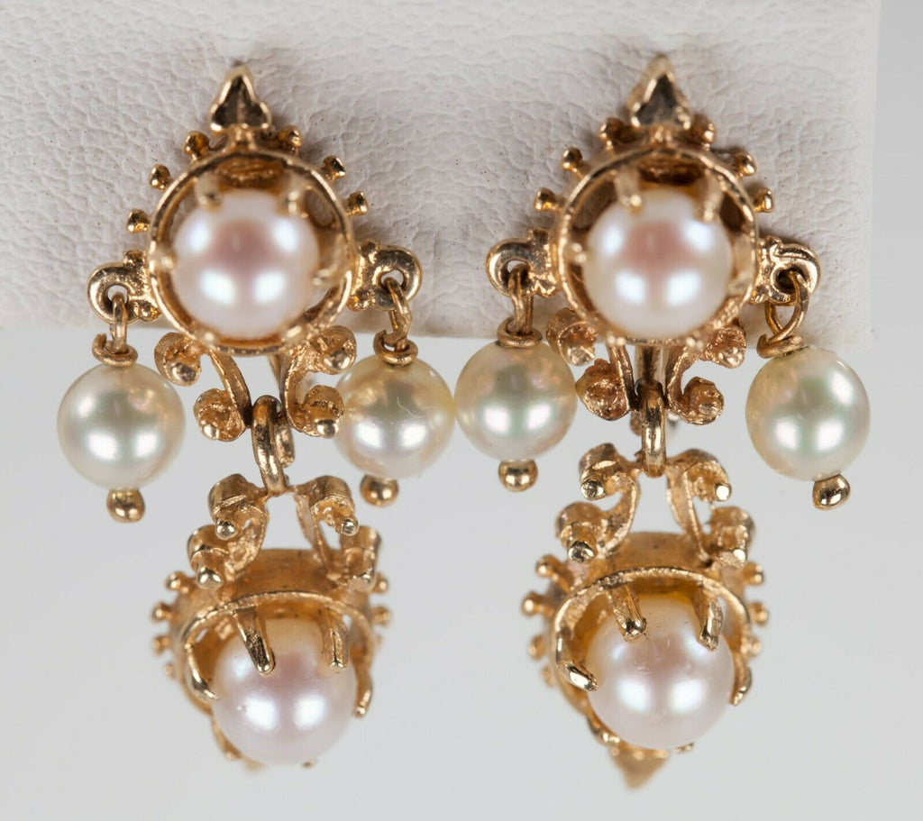 14k Yellow Gold Pearl Dangle Screw-On No Post Earrings Gorgeous!