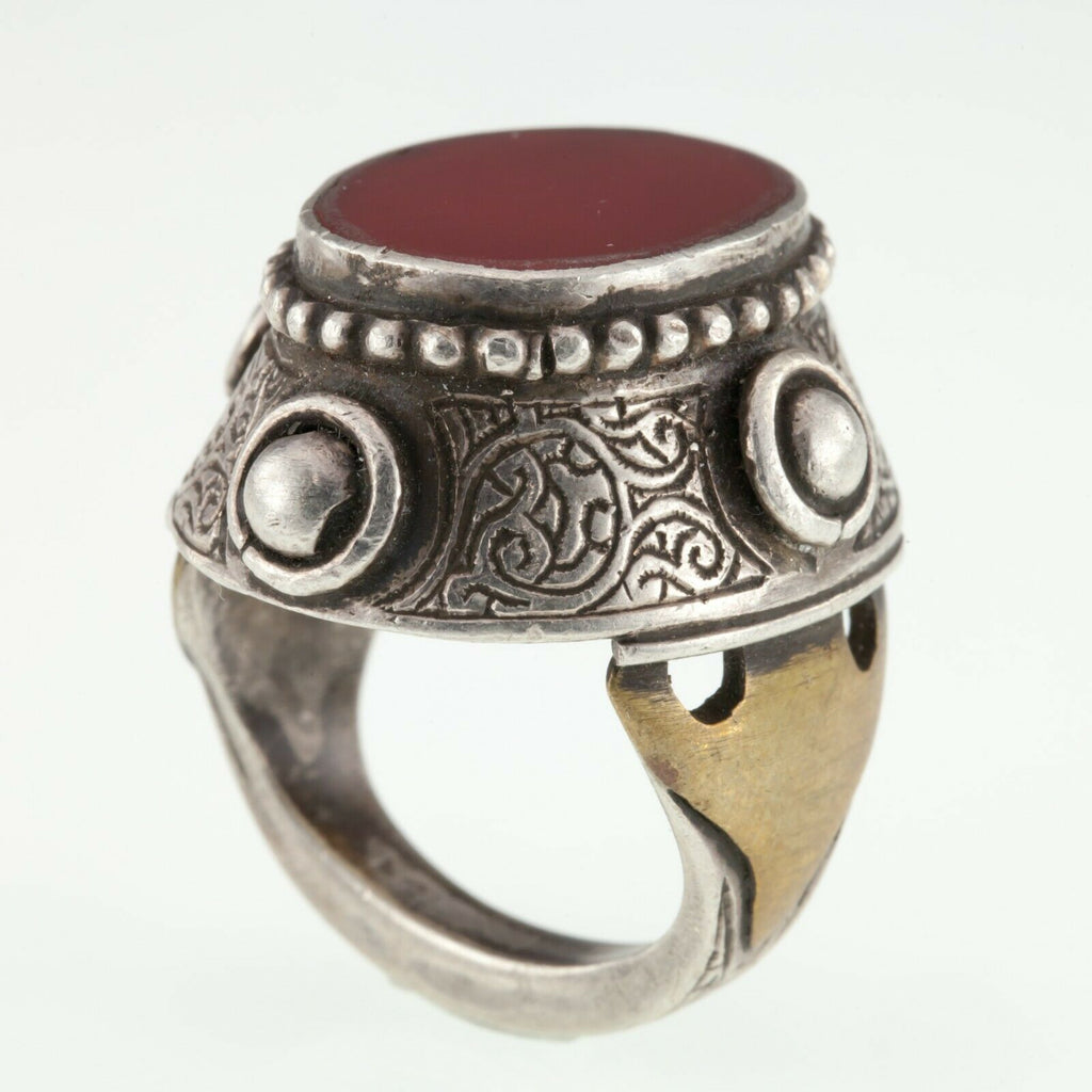 Silver and Brass Afghan Vintage Ring with Carved Flat Carnelian Stone Size 6