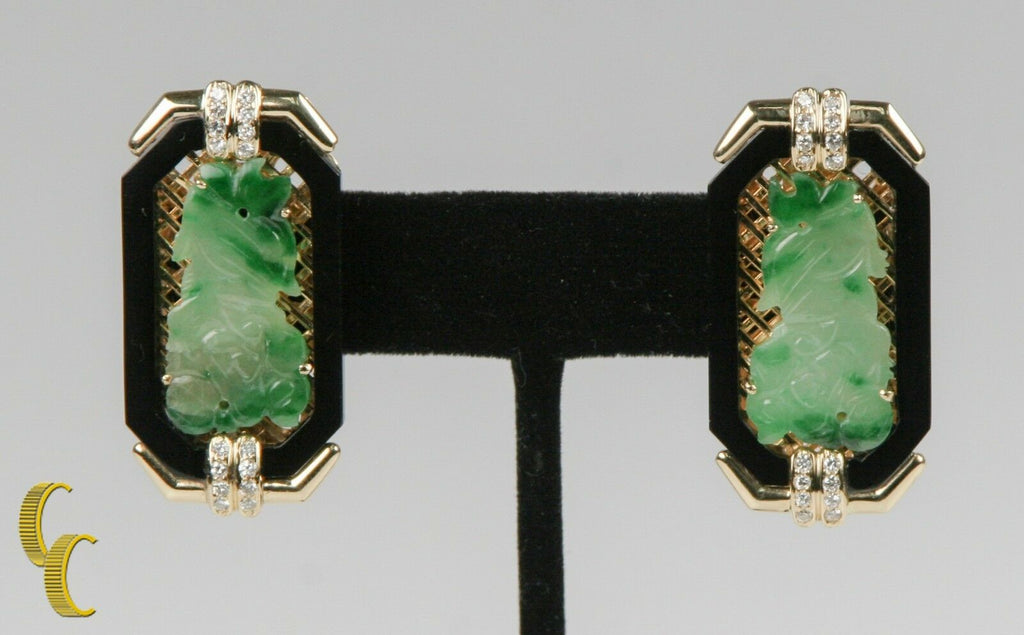 Imperial Jade with Onyx Border & Diamond Accents 18k Yellow Gold Earrings