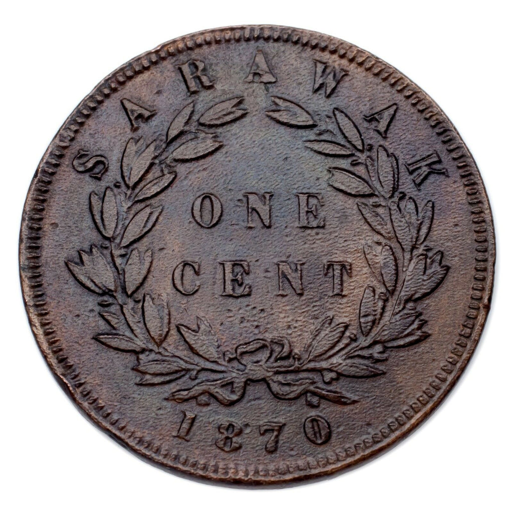 1870 Sarawak 1 Cent Copper Coin (About Extra Fine Condition) KM# 6