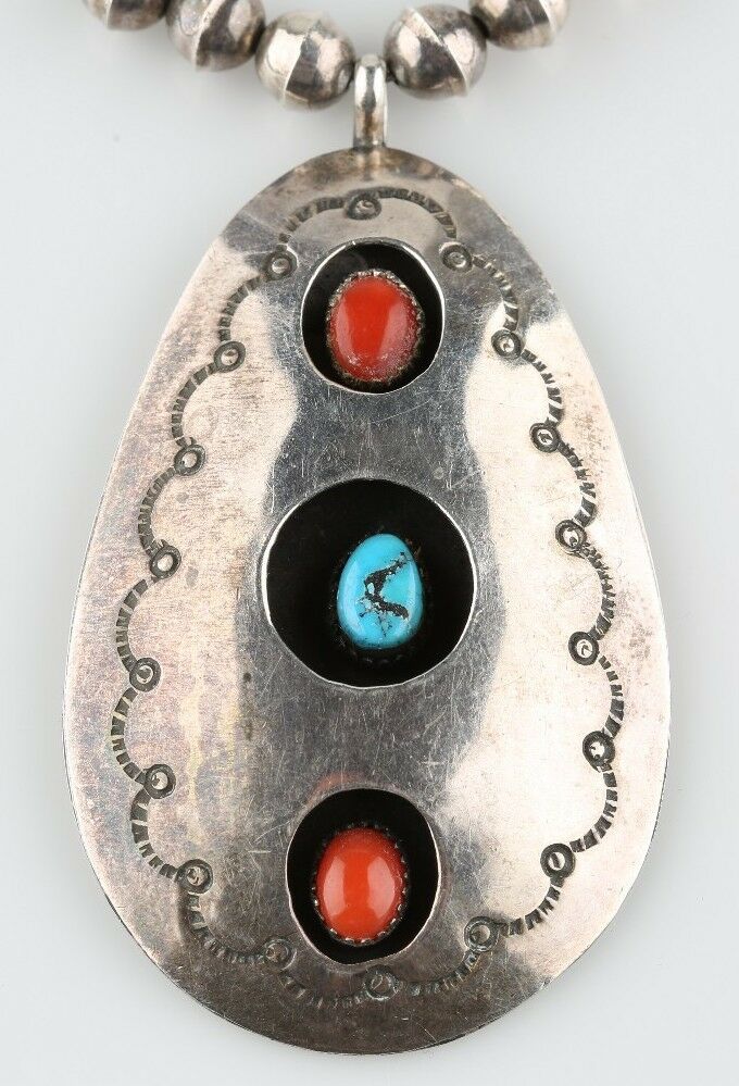 Silver Navajo Shadow Box Pendant w/ Turquoise and Coral Cabochons & Silver Beads