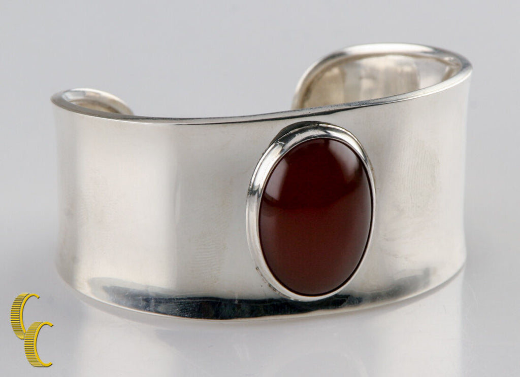 Sterling Silver Mexico .925 Polished Cuff  Bracelet Red Stone Gift!