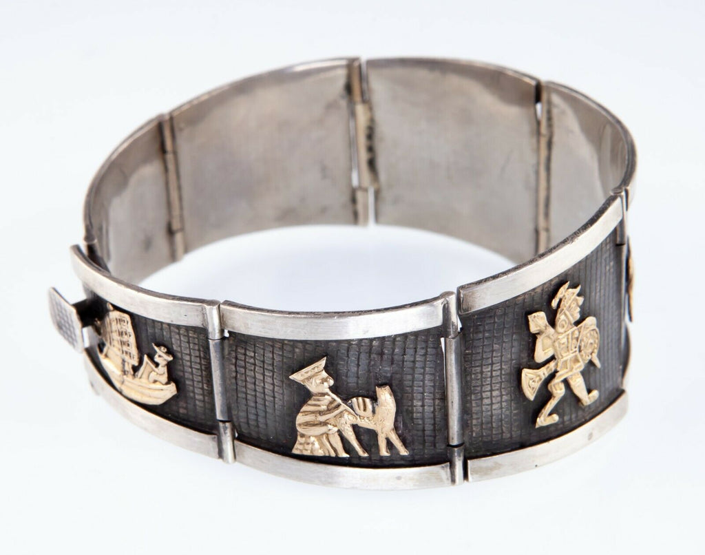 Gorgeous Antiqued Sterling Silver and 18k Gold Peruvian Bracelet