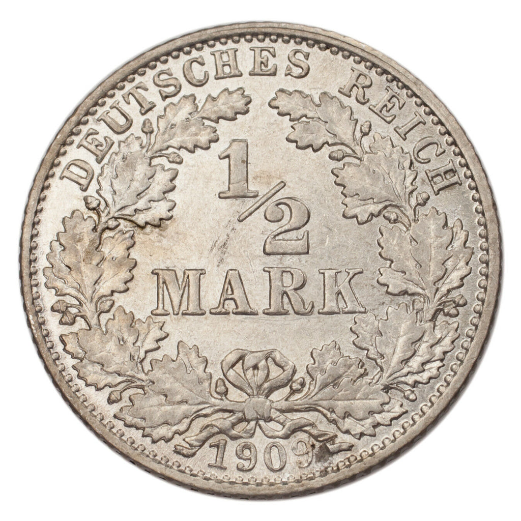1909-D Germany 1/2 Mark Silver Coin KM #17 Choice Uncirculated Condition