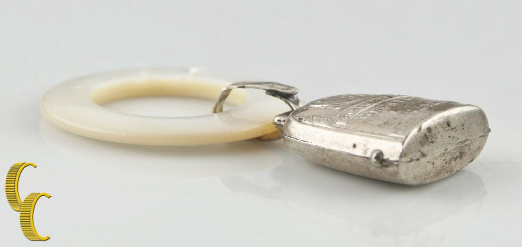 Vintage Mother Of Pearl Teething Ring W/ Sterling Silver Baby Announcement Bell