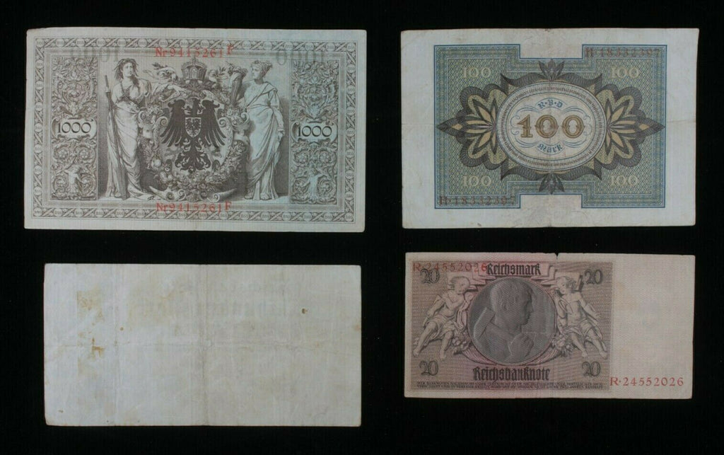 1910-1929 Germany 4-Notes Set // German Empire 1000 & Weimar 20, 100 & 500 Mark