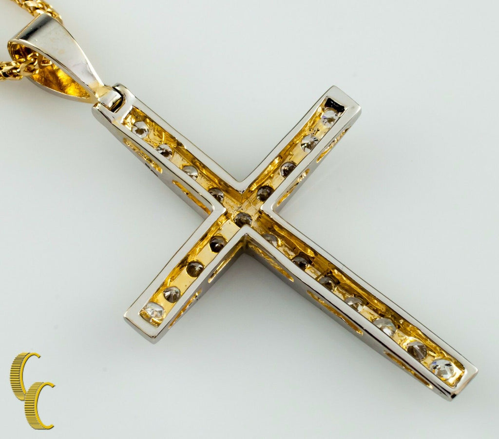 14K White Gold Cross Diamond Pendant W/ 10k Yellow Gold Chain