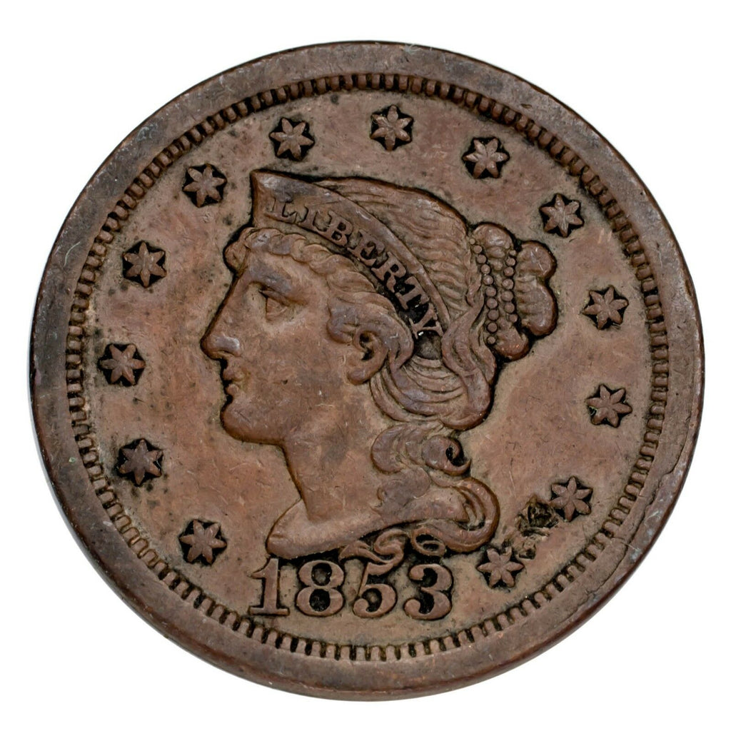 1853 Braided Hair Large Cent 1C Penny (Extra Fine, XF Condition)