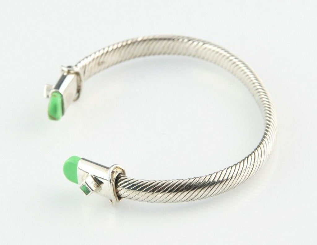 Sterling Silver Cable Cuff Bracelet w/ Green Accents 7" Long 6 mm Wide 28.7 g