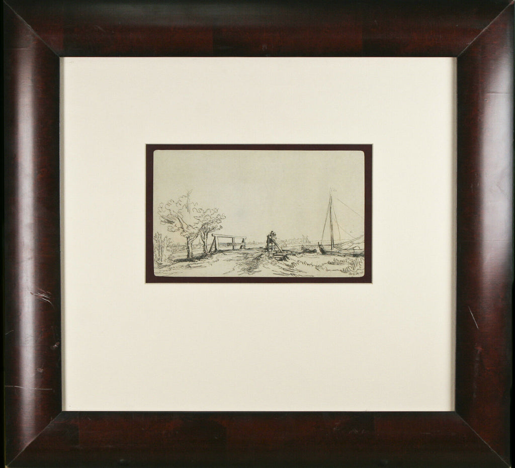 "Six's Bridge" Rembrandt Restrike Etching Signed in Plate Framed 18"x19"