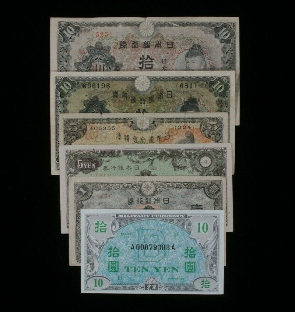 1930-1944 Japan 6-Notes Set // Imperial Japanese & Allied Military Currency