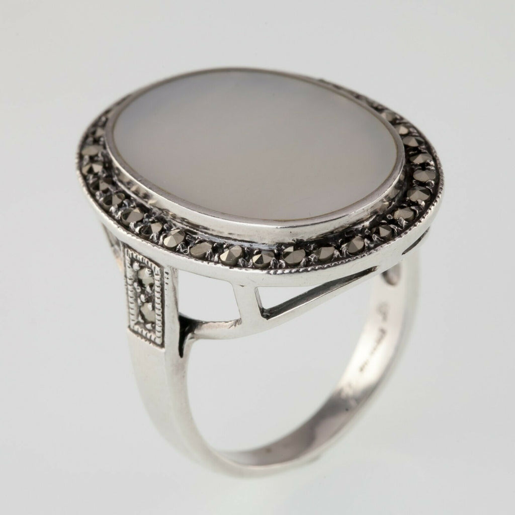 Large Mother of Pearl Sterling Silver Marcasite Ring Size 10.25