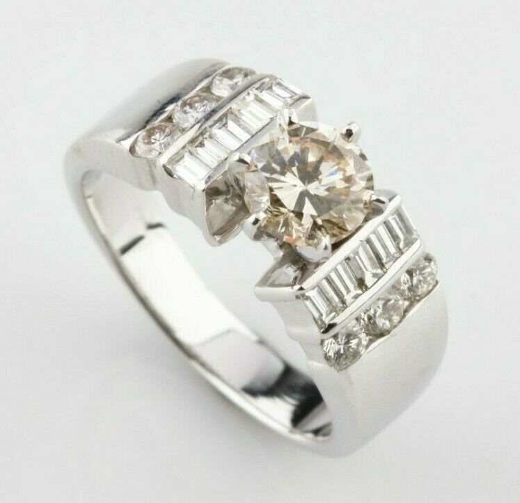 14k White Gold Round Diamond Solitaire Ring w/ Accents TCW = 1.42 ct. Size 5.75