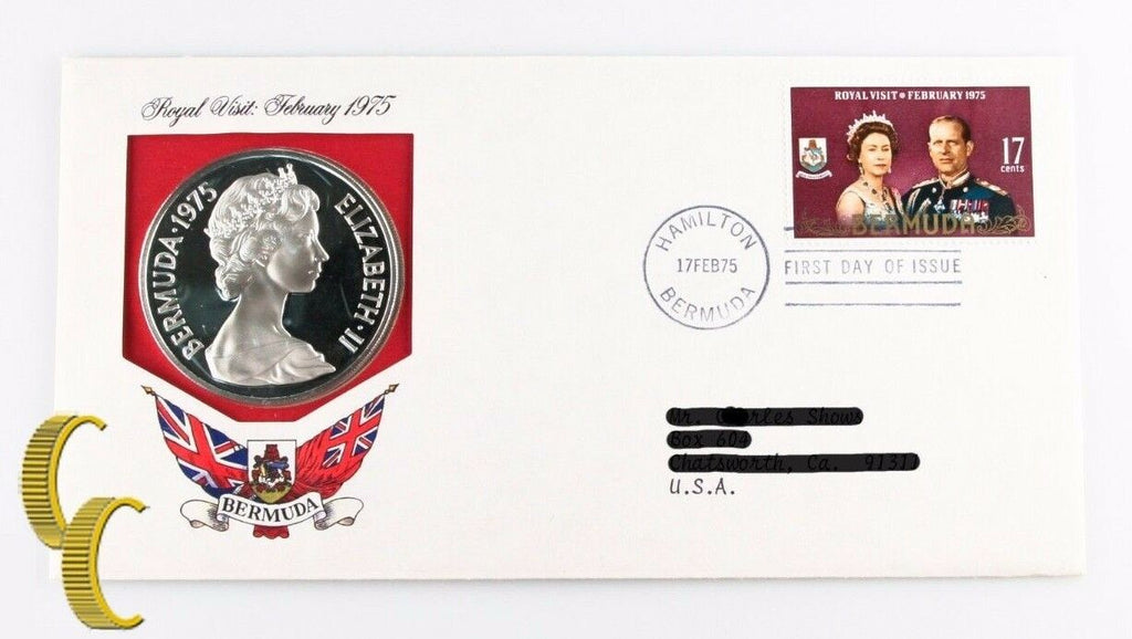 1975 Royal Visit to Bermuda w/ Silver Proof $25 Coin, 1st Day Issue Stamp & CoA