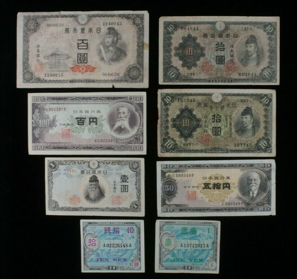 1930-1953 Japan 8-Notes Currency Set // Imperial, Allied Military and Modern Yen