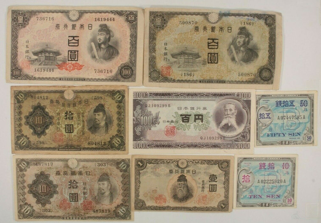 1930-1953 Japan 8-Notes Currency Set / Domestic Banknotes & WW2 Allied Military