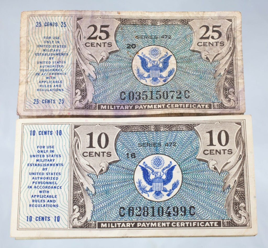 Lot of 4 US Military Payment Certificates (5C - 25C, Fine - XF Condition)