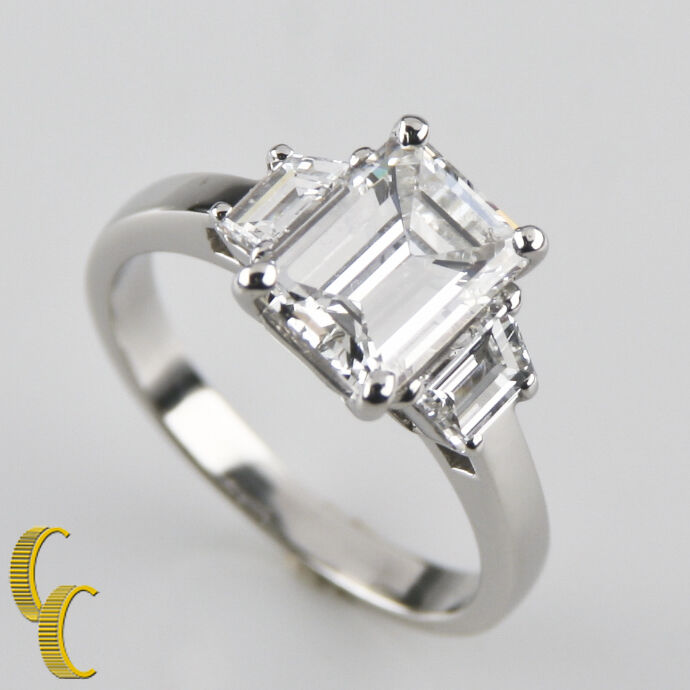 2.10 carat Emerald Cut Diamond 3-Stone Platinum Ring with GIA Cert Size 5.25