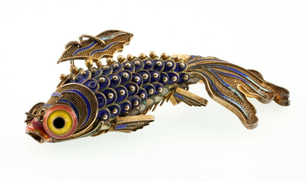 Vermeil Vintage 1920s Chinese Articulated Cloissone Filigree Koi Fish Pendant