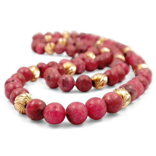 Unique Beaded Dyed Red Quartz Necklace w/ 14k Yellow Gold Scalloped Beads 26"