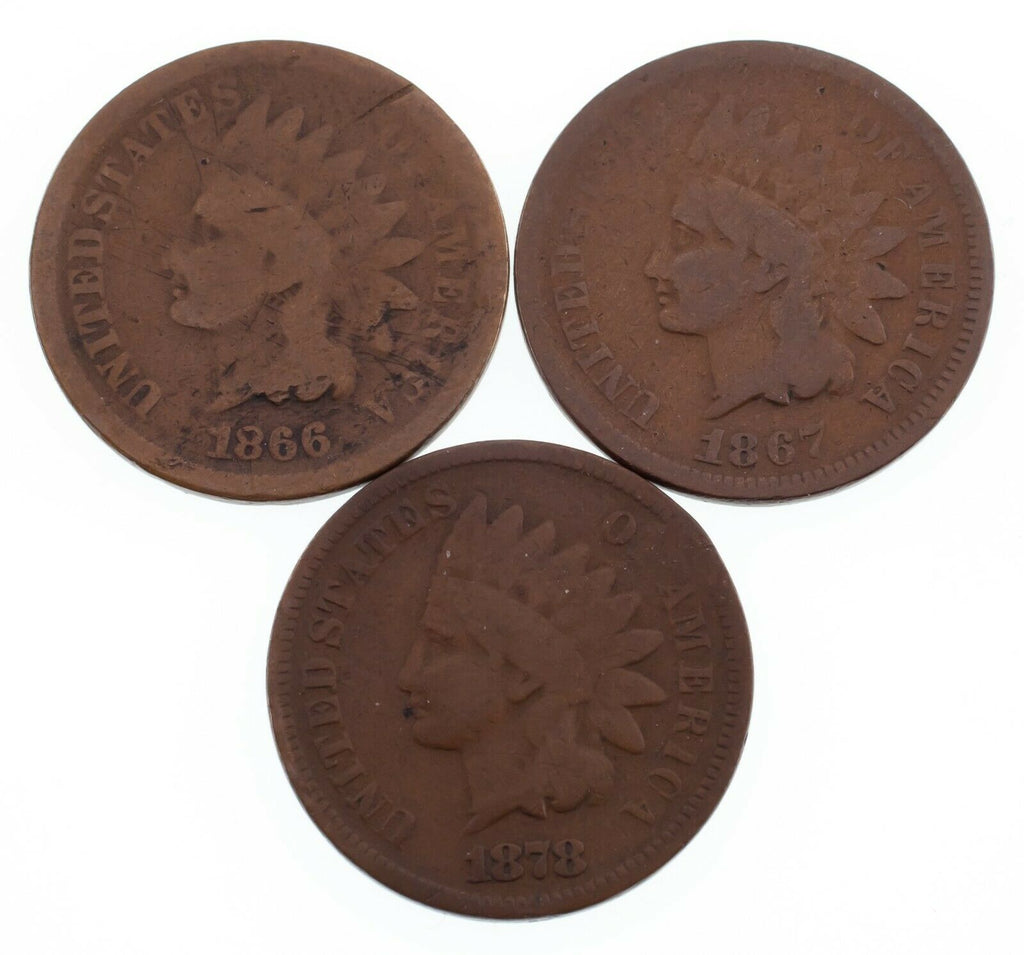 Lot of 3 Indian Cents (1866, 1867, 1878) About Good Condition Brown Color