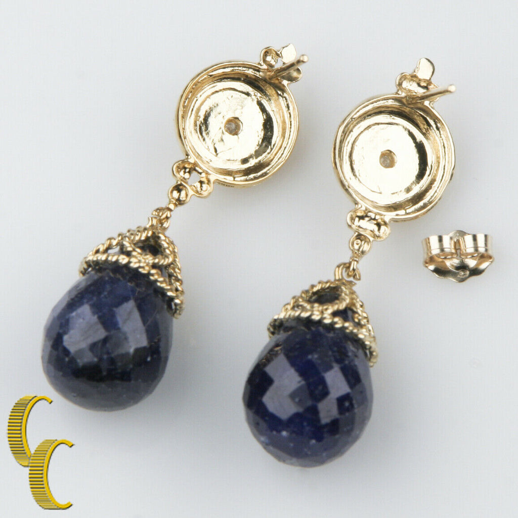 14KT Yellow Gold Briolette Sapphire and Diamond Dangle Earrings TCW = 23.04