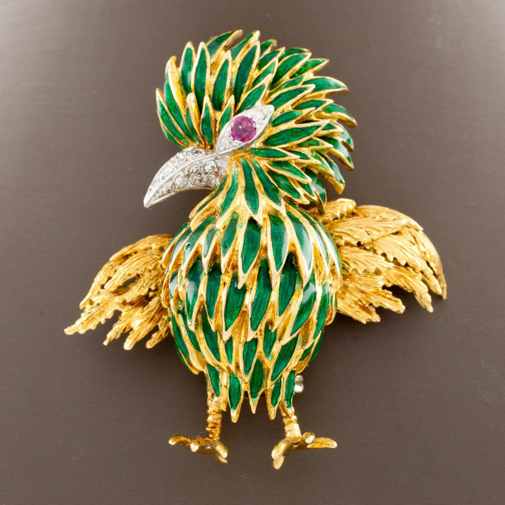 18K Yellow Gold Diamond and Ruby Green Enamel Bird Brooch