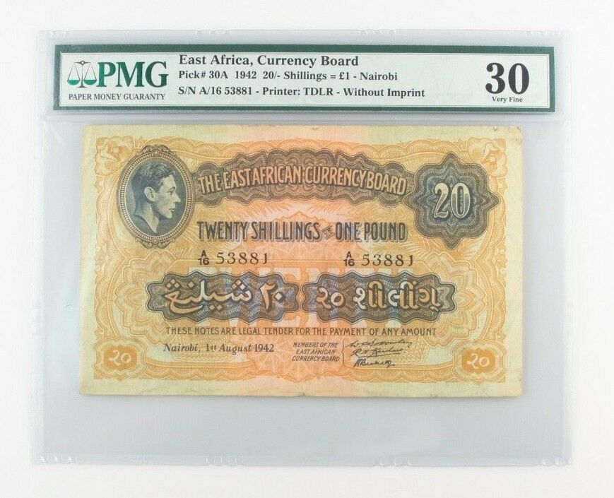 1942 East Africa 20 Shillings or 1 Pound (VF-30 PMG) Currency Board /- £ P-30A