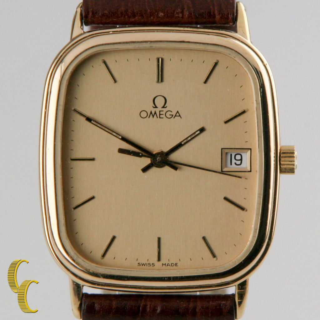 Omega Ω Men's Gold-Plated Quartz Watch w/ Date Feature and Leather Band