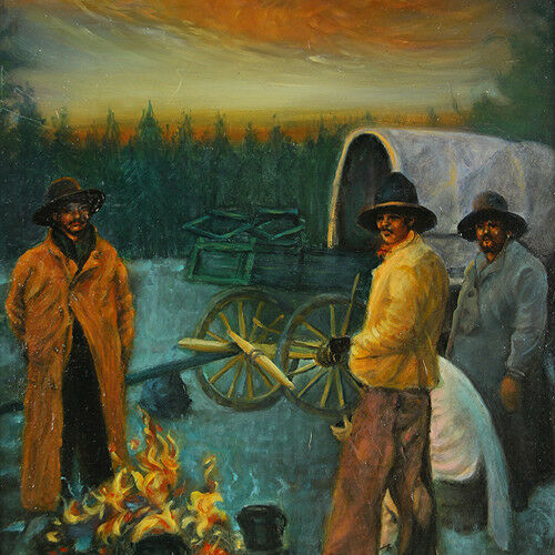 "Keeping Warm" (3 Men by Fire w/ Wagon) By Anthony Sordini Signed Oil Painting