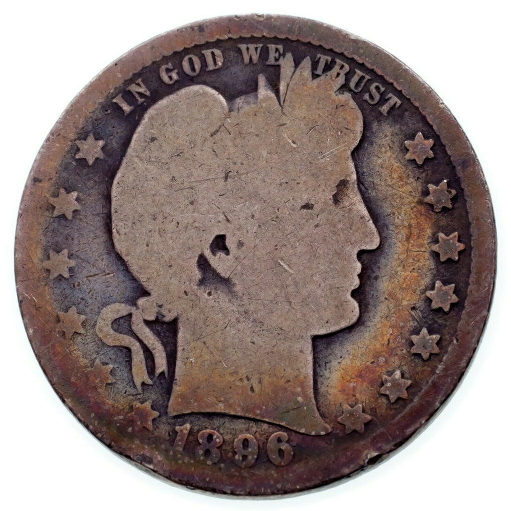 1896-O Barber Quarter in About Good+ condition, Just Misses Good, Cool Toning