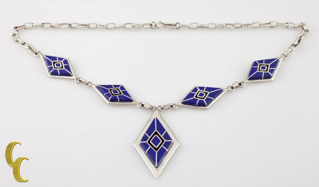 .925 Sterling Silver & Lapis Diamond Shaped Navajo Necklace