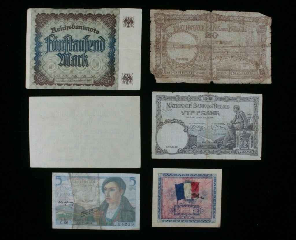 European Nations 6-Notes Currency Set // France & Belgium Francs, Germany Mark