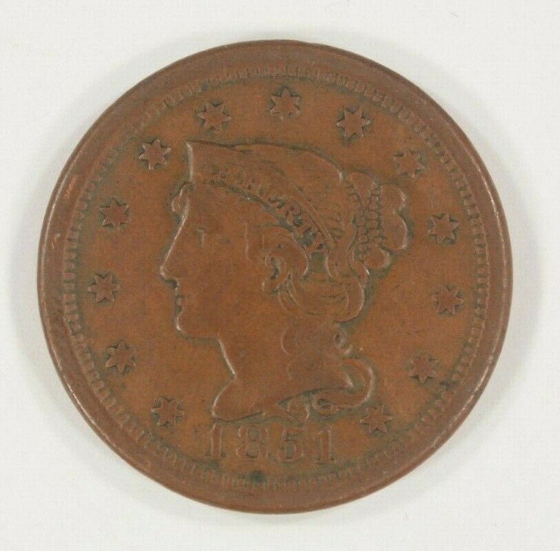 1851 Large Cent in VF Condition, All Brown Color, Nice Detail for Grade