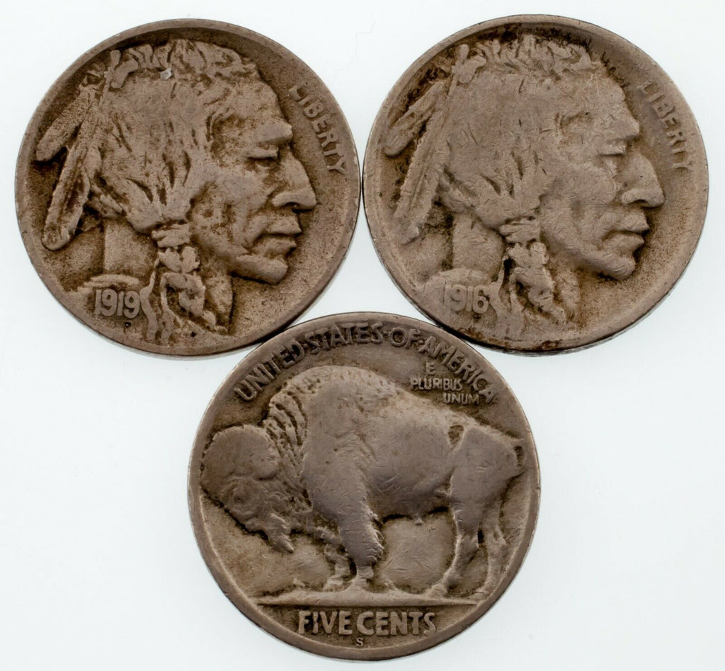 Lot of 3 Buffalo Nickels (1916-S, 1919-D and -S) in VG Condition, 4 Digit Date