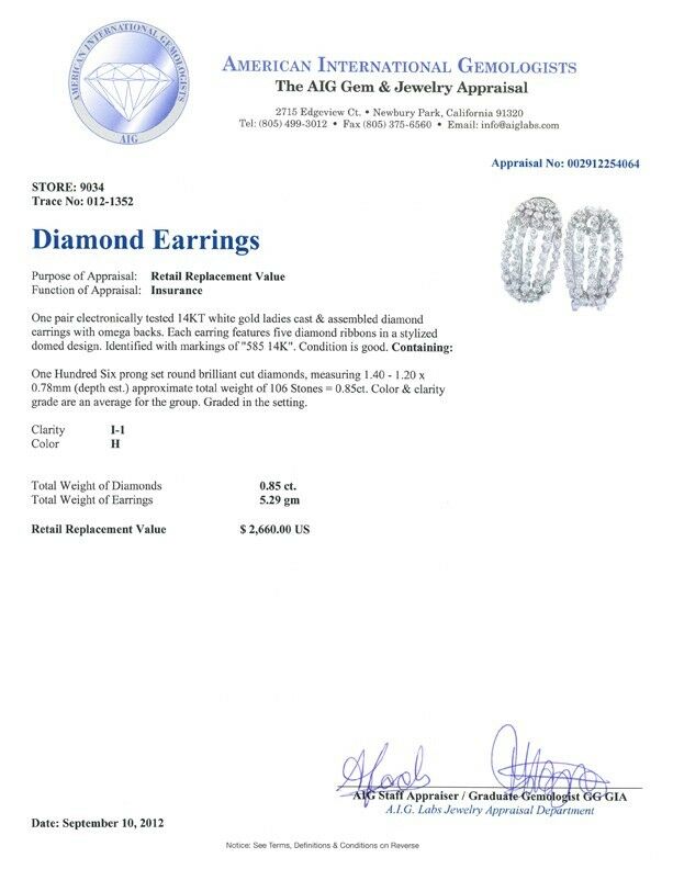 14k White Gold Ladies Diamond Earrings Omega Backs TDW = 0.85 ct Retail = $2,660