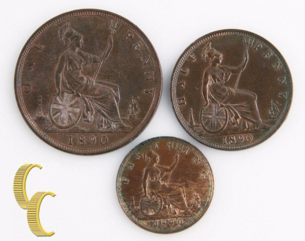 1890 Great Britain 3 Coin Lot (Uncirculated UNC) Half Penny Farthing 753 754 755