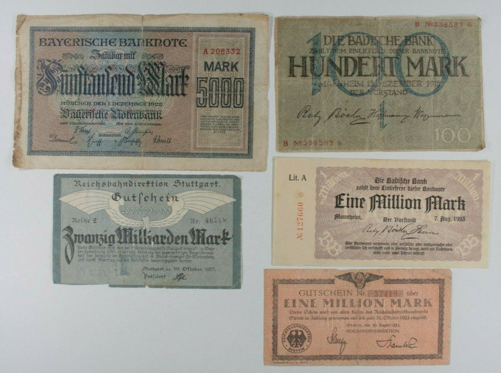 1918-1923 Germany 5-Notes Currency Set // Weimar Republic State Bank & Railroad