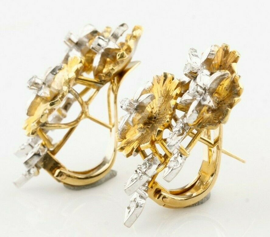 Unique 14k Two-Tone Gold Huggie Flower Earrings with 0.30 Cts Diamond Accents