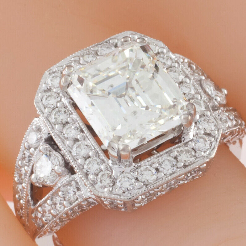 18k White Gold Emerald Cut Diamond Solitaire Ring w/ Accent Stones TDW = 4.5 ct