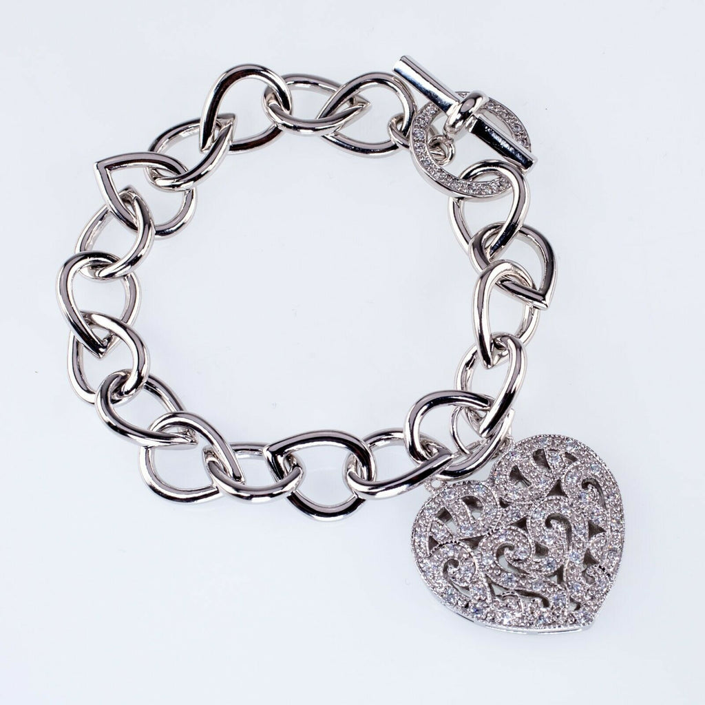 Sterling Silver Large CZ Heart Charm Toggle Bracelet 7"