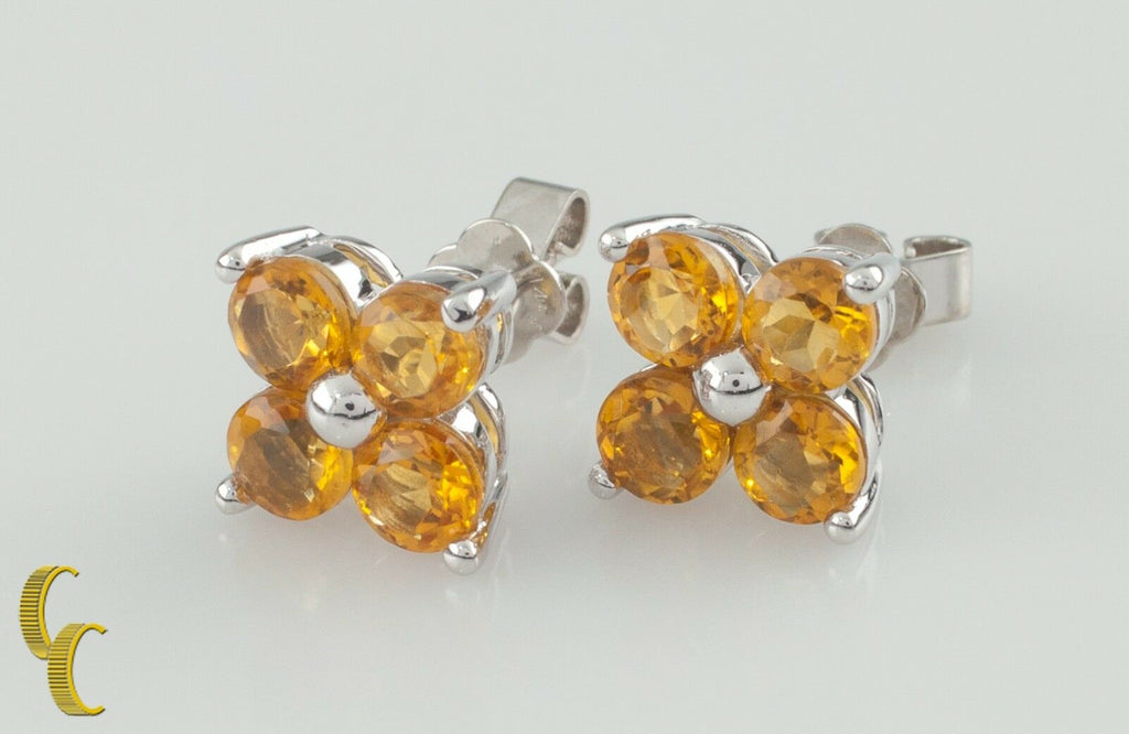 14K White Gold Yellow Sapphire Flower Stud Earrings TSW = 2 carats
